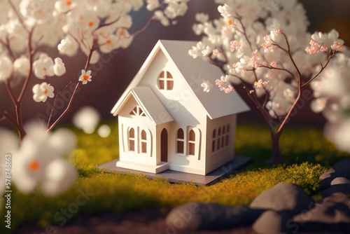 White toy house and cherry flowers, spring abstract natural background. concept of rental. AI Generation