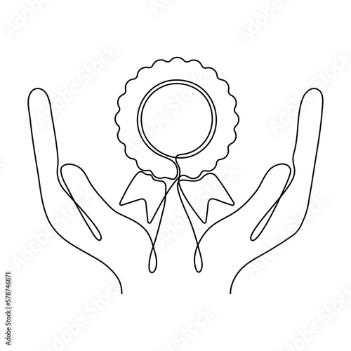 Hands holding award badge continuous one line art drawing. Vector illustration isolated on white.