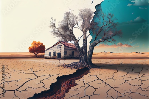 Abandoned Farm In The Middle Of Dried Agricultural Fields With Cracked Soil And Trees. Drought Ecological Problem Concept. Illustration. Generative AI