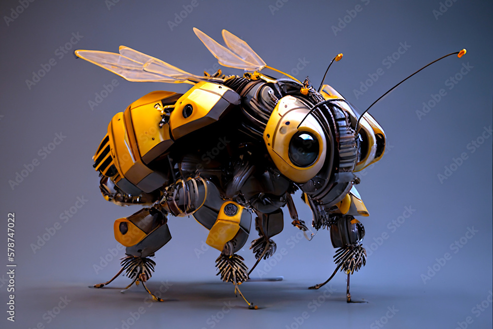 Bee - robot. Artificial bee. The concept of the future, a world without bees, a global food crisis, hunger. AI illustration, digital fantasy, artificial intelligence artwork Bee - robot. Artificial bee. The concept of the future, a world without bees, a global food crisis, hunger. AI illustration, digital fantasy, artificial intelligence artwork