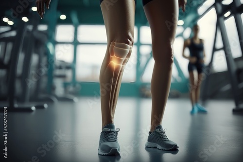 Women's leg and knee pain after a workout at the gym. Treatment of joints and leg injuries. AI Generation