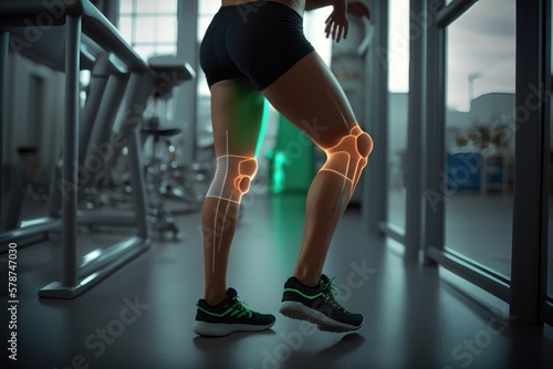 Women's leg and knee pain after a workout at the gym. Treatment of joints and leg injuries. AI Generation