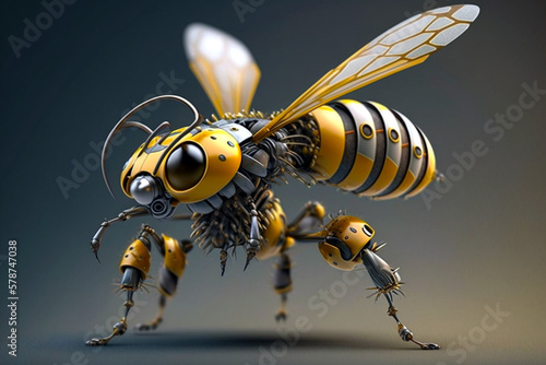 Bee - robot. Artificial bee. The concept of the future, a world without bees, a global food crisis, hunger. AI illustration, digital fantasy, artificial intelligence artwork
