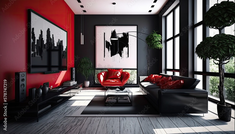 Modern minimalist living room with sleek black furniture and a pop of color in the form of a bright red accent wall. The atmosphere is calm and sophisticated generative ai Modern minimalist living room with sleek black furniture and a pop of color in the form of a bright red accent wall. The atmosphere is calm and sophisticated generative ai