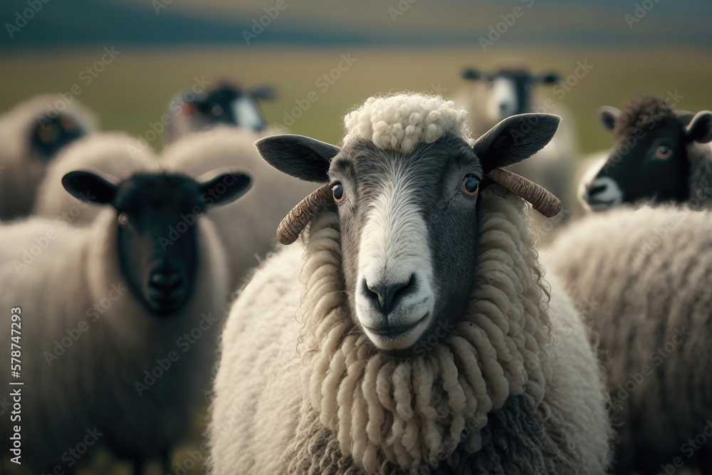 Fototapeta premium Sheep graze the pastures in mountain. Herd of sheep and lambs grazing grass on cloudy day. AI Generation