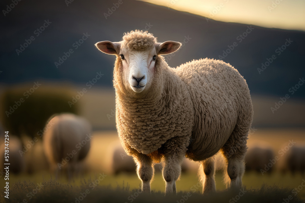 Obraz premium Sheep graze the pastures in mountain. Herd of sheep and lambs grazing grass on cloudy day. AI Generation