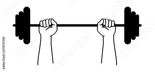 Cartoon barbell weight icon or Strength symbol. Hands lifted barbell weight. Weightlifting sticks or stick, training concept. Weightlifter lifts big or heavy weight barbell. Vector power hands