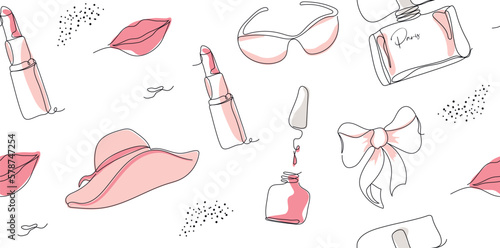 Elegant single line seamless background with trendy elements. glasses, hat, lips, dot in a minimalist style. Fashion illustration for print, paper.  Continuous line art. fashion, beauty vector
