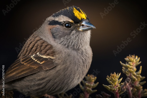 A Golden crowned Sparrow poses for its portrait. In winter, the Pacific coast is home to the large and handsome Golden crowned Sparrow, which can be found in weedy or shrubby lowlands and on the outsk photo