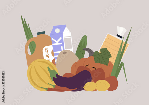 Supermarket grocery still life, fruits, vegetables, bread, and dairy products, daily routine