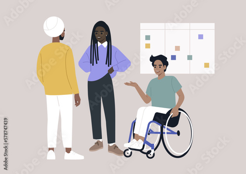 Inclusive office, a group of young millennial characters working on a project, staff meeting, management