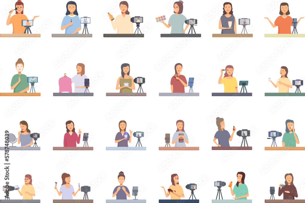 Beauty blogger icons set cartoon vector. Business woman. Fashion girl Beauty blogger icons set cartoon vector. Business woman. Fashion girl