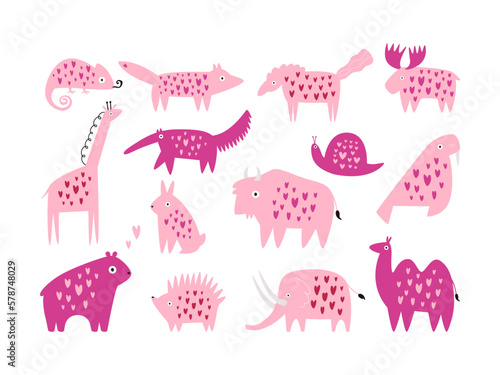 Set of pink animals in hearts in a modern trendy flat style.