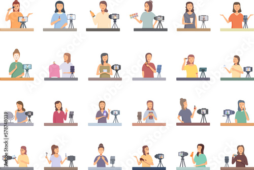 Beauty blogger icons set cartoon vector. Business woman. Fashion girl