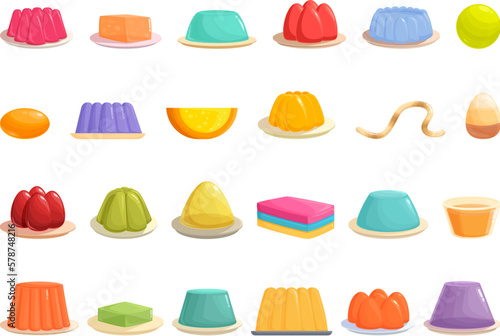 Gelatin icons set cartoon vector. Water food. Jelly dessert