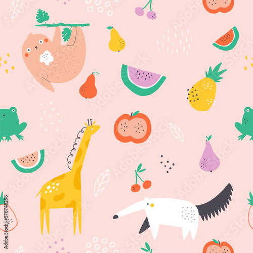 Seamless pattern with colorful exotic animals and fruits. Illustrations in a modern style for prints  clothing  packaging