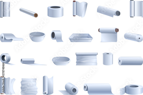 Aluminium foil icons set cartoon vector. Cooking roll. Baking metal