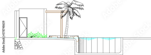 sketch vector illustration of a fish pond behind the house