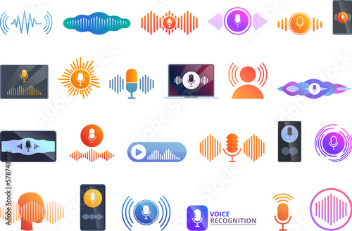 Voice and speech recognition icons set cartoon vector. Ai call. Audio recording