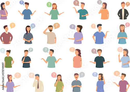 Asking a question icons set cartoon vector. Faq survey. Online poll