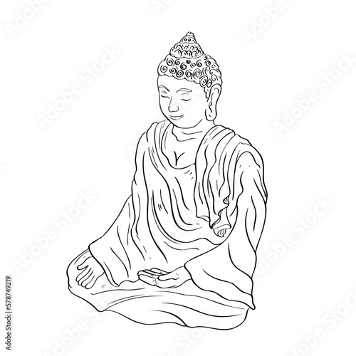 Buddha line decorative outline drawing. Sketch of a sitting or meditating buddha statue