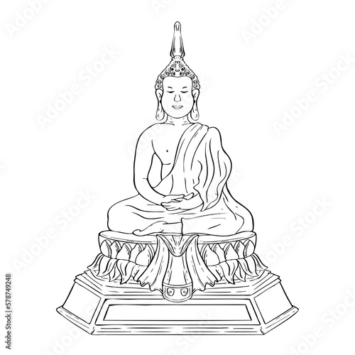 Buddha line decorative outline drawing. Sketch of a sitting or meditating buddha statue