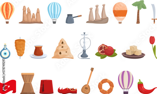 Cappadocia icons set cartoon vector. Travel balloon. Sky summer
