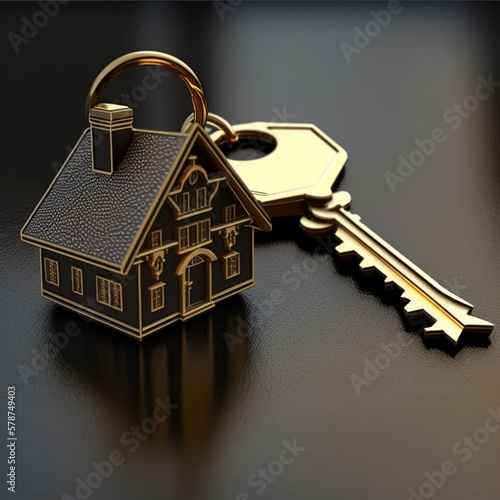 Golden key on a keychain. Golden key to a new house. Golden key to the apartment. Generative AI.