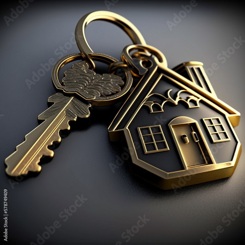 Golden key on a keychain. Golden key to a new house. Golden key to the apartment. Generative AI.
