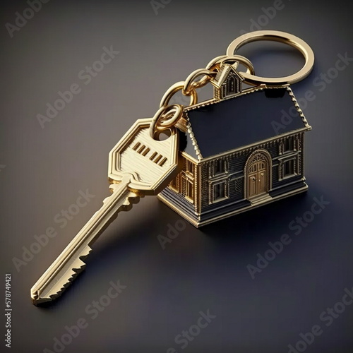 Golden key on a keychain. Golden key to a new house. Golden key to the apartment. Generative AI.