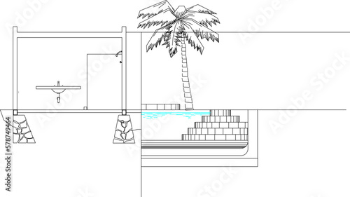 sketch vector illustration of fish pond section behind the house