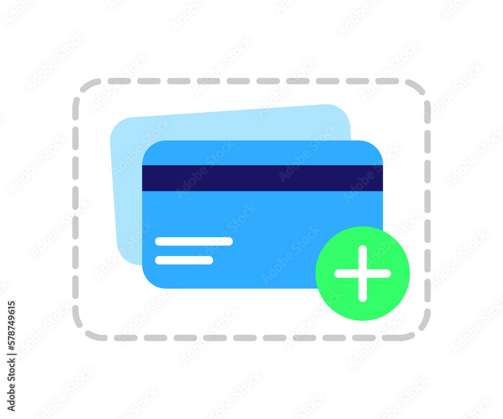 Adding credit card icon. moneyless payments. digital checkout. credit card with add button icon. vector flat design illustration. Adding credit card icon. moneyless payments. digital checkout. credit card with add button icon. vector flat design illustration.