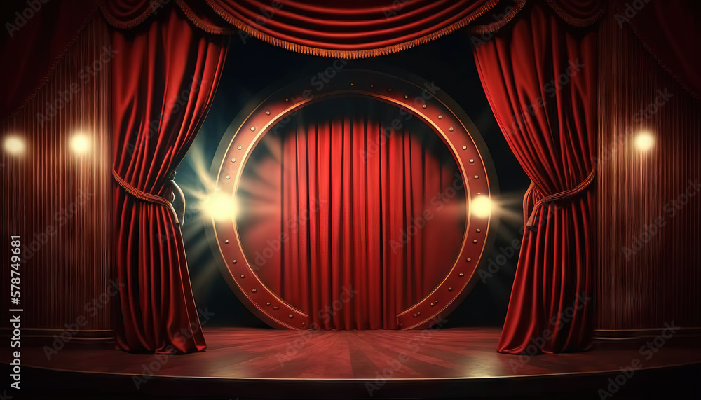 a stage with a red curtain and spotlights on it and a stage with a red ...