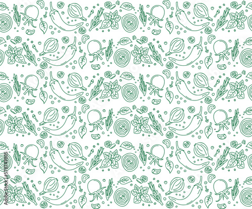 Seamless pattern. Greens and herbs, Spices and vegetables background. Vector background with handmade herbs and spices. 