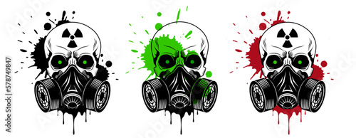 Vector skulls set with gas mask, radiation sign, glowing eyes and paint splashes and drips on white background. Grunge vector illustration