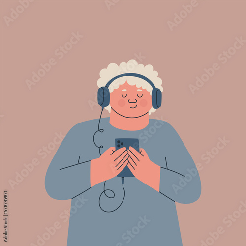 Cute child or teenager wearing over-ear headphones on her head and with a smartphone in her hand. Character is listening to music, an audiobook, or a podcast. Vector isolated illustration for design.