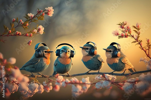 Birds listening music in headphones sitting on blossoming tree, generative AI