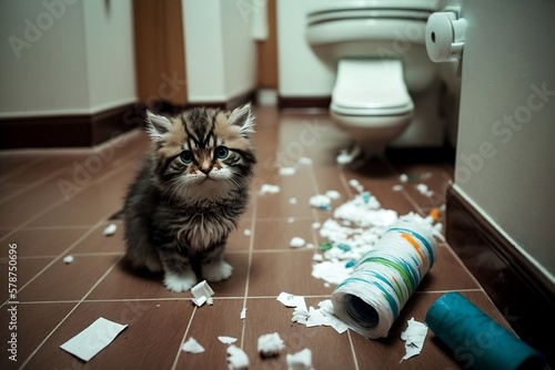 Obraz na plátne un chat dans une salle de bain à déchirer plein de papier toilette sur le sol -
