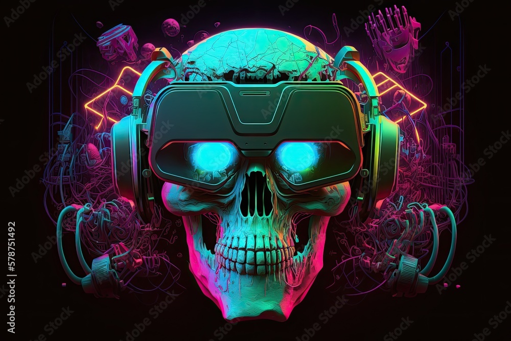 skull with cybernetic implants and VR goggles on a neon lit, cyberpunk ...