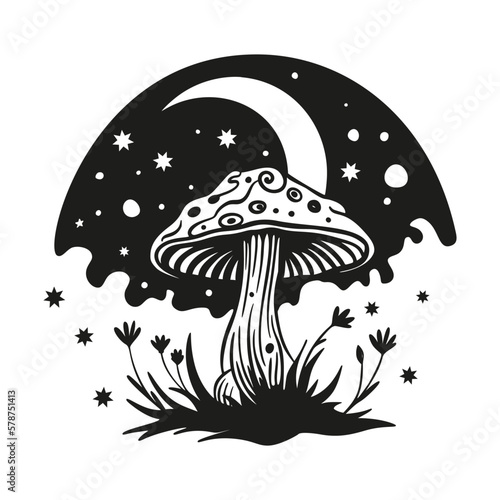 Magic mushroom moon vector silhouette, black line contour drawing. Celestial print