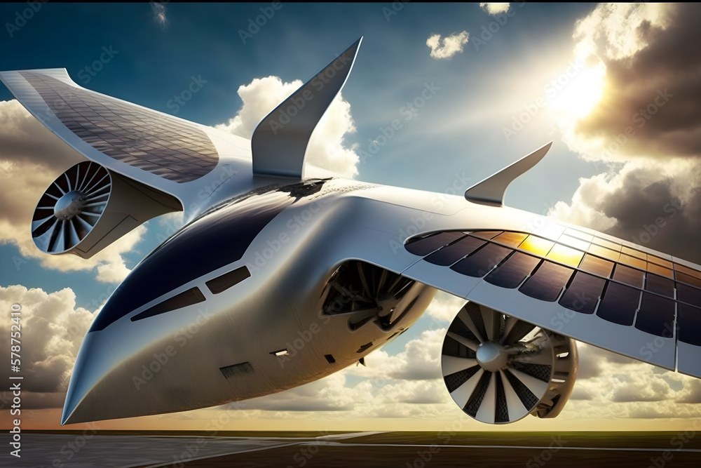 Naklejka premium Generative AI. Futuristic solar panel airplane. Sustainable renewable energy