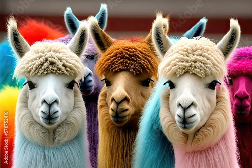 Llamas (alpacas) with rainbow manes and horns are adorable. Generative AI