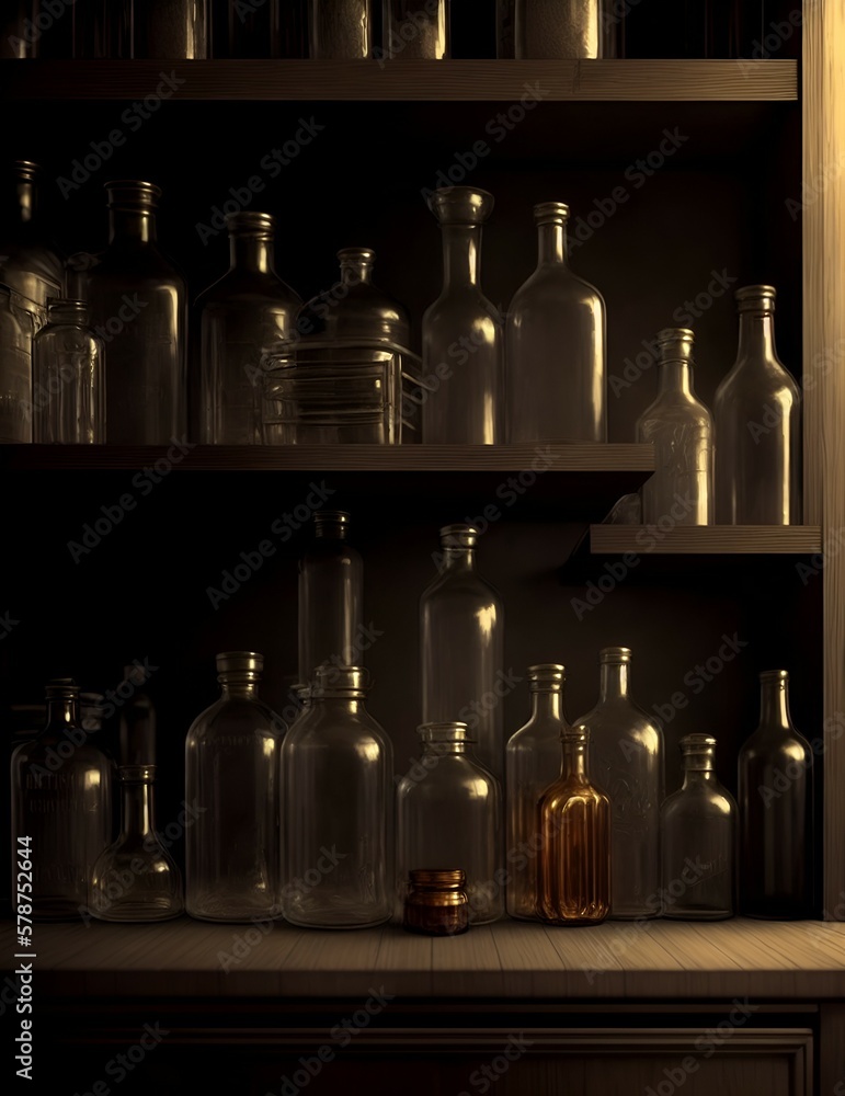 Empty bottles on a shelf created with Generative AI technology Empty bottles on a shelf created with Generative AI technology