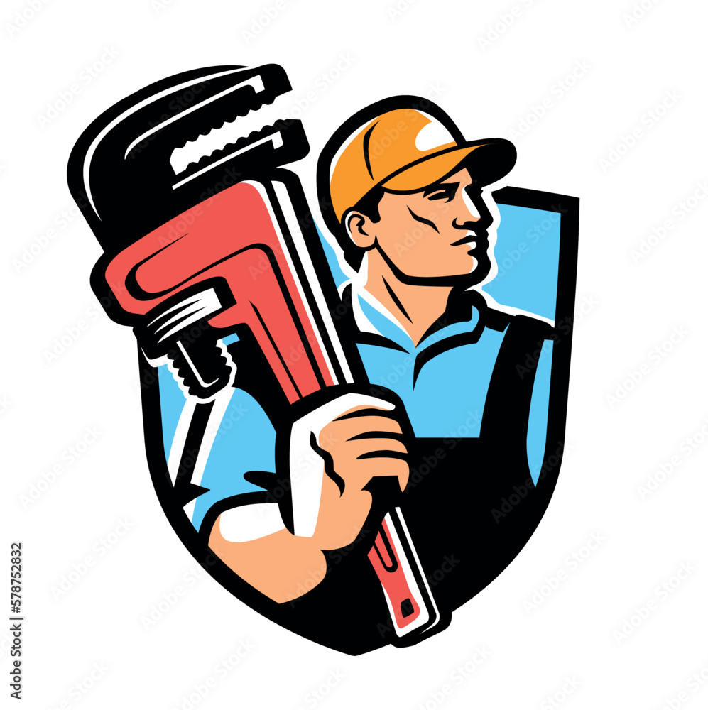 Service worker, builder with adjustable wrench. Workshop, building emblem, logo. Repair work vector illustration
