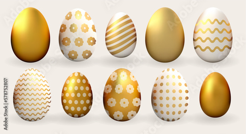 3d happy Easter realistic egg set. Gold colorful holiday vector spring traditional element collection