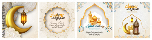 Collection of modern style Ramadan Mubarak greeting cards with Arabic calligraphy, moon, mosque dome, lanterns for wallpaper design. poster, social media post