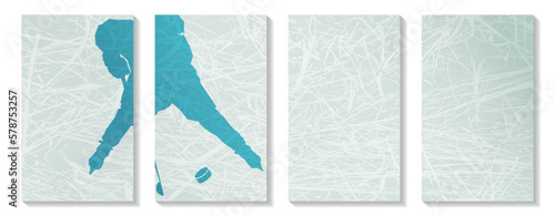 Child hockey player with a stick and a puck in a calm blue tint on a ice horizontal template