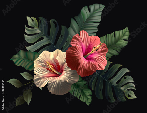 3d hibiscus summer flower and tropical leaves on a black background. Realistic vector render.
