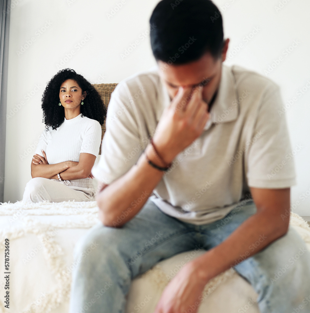 Divorce, sad and couple breakup or fighting in a bedroom unhappy with relationship due o cheating in a home or house. Woman, man or people with stress arguing in sadness due to infidelity Divorce, sad and couple breakup or fighting in a bedroom unhappy with relationship due o cheating in a home or house. Woman, man or people with stress arguing in sadness due to infidelity