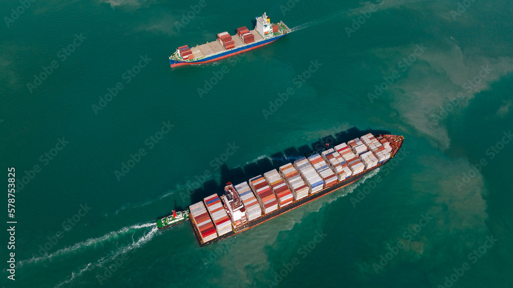 cargo container ship sailing in sea to import export goods and distributing product to dealer and consumers across worldwide, by container ship Transport